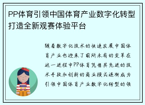 PP体育引领中国体育产业数字化转型打造全新观赛体验平台